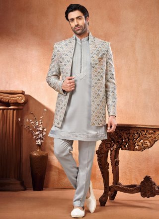 Grey and Multi Colour Art Banarasi Silk Jodhpuri Suit with Embroidered Work