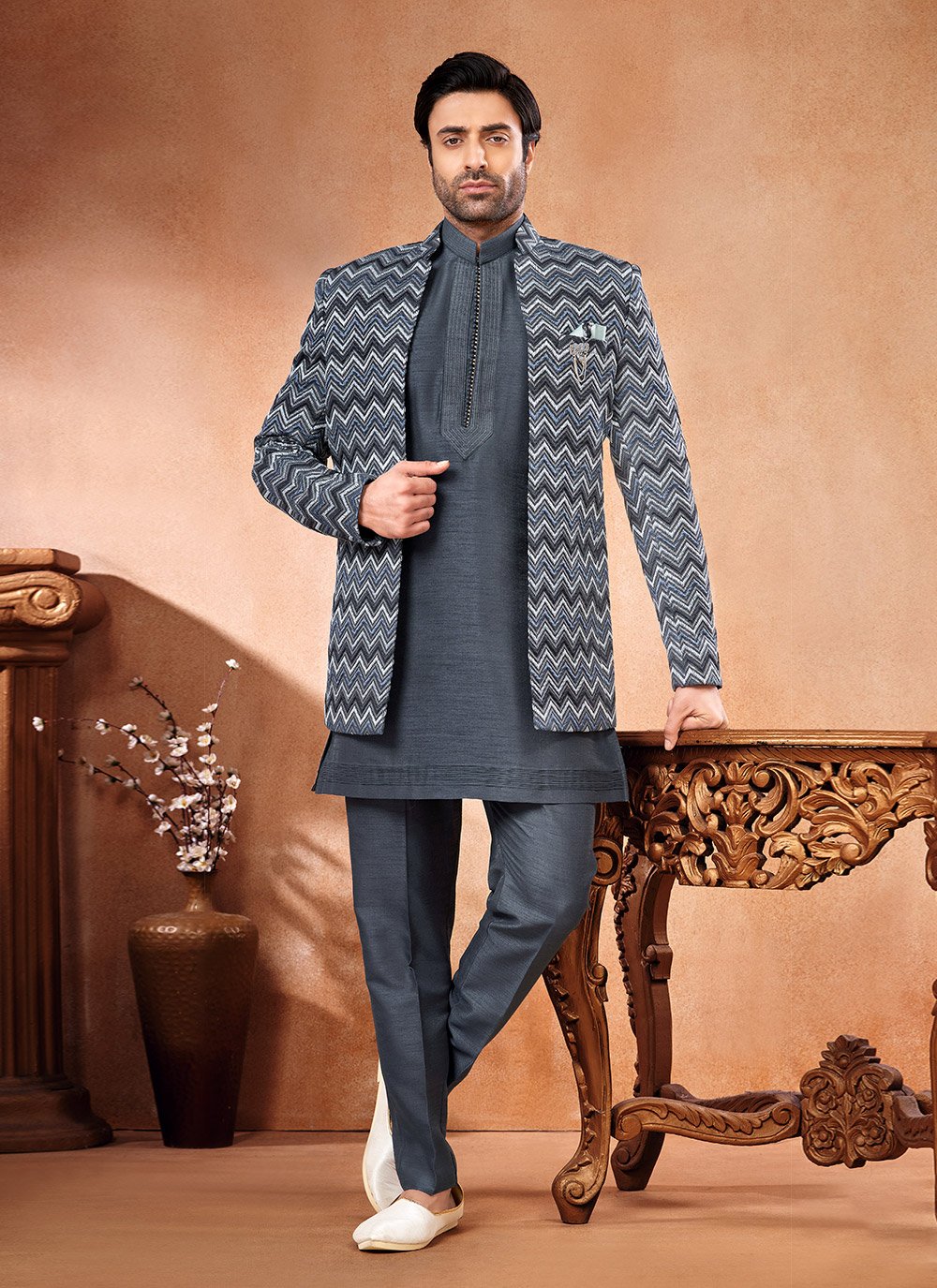 Buy Online Grey and Multi Colour Embroidered Work Art Banarasi Silk Jodhpuri Suit 279746