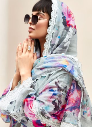 Grey and Multi Colour Linen Digital Print Work Salwar Suit for Ceremonial