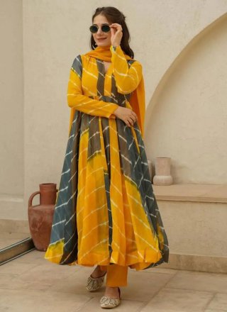 Grey and Mustard Organza Digital Print Work Pant Style Suit for Ceremonial