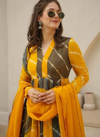 Grey and Mustard Organza Digital Print Work Pant Style Suit for Ceremonial