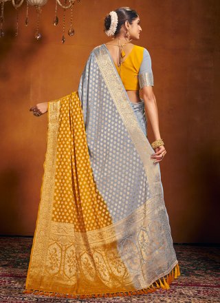 Grey and Mustard Pure Georgette Classic Saree with Weaving Work
