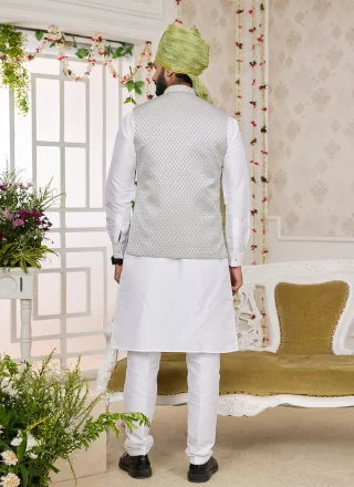 Grey and Off White Art Banarasi Silk Kurta Payjama with Jacket with Machine Embroidery Work for Ceremonial