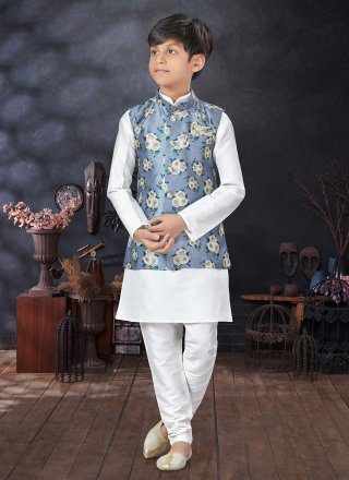 Grey and Off White Art Silk Kurta Payjama with Jacket with Print Work for Kid