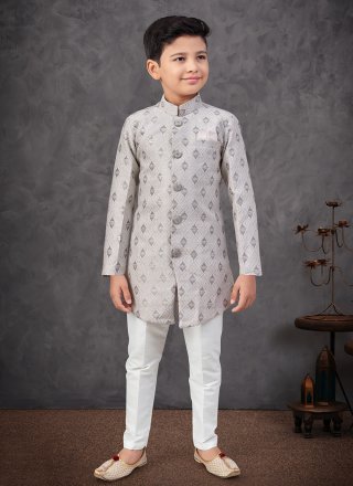 Grey and Off White Banarasi Silk Buttons, Thread and Zari Work Indo Western Sherwani for Kid
