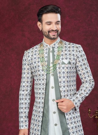 Grey and Off White Banarasi Silk Sherwani Mens Wear with Digital Print and Machine Embroidery Work for Men