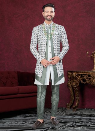 Grey and Off White Banarasi Silk Sherwani Mens Wear with Digital Print and Machine Embroidery Work for Men
