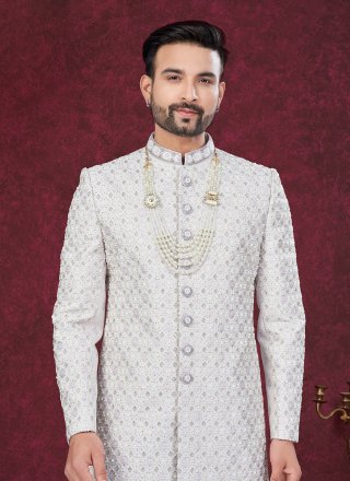 Grey and Off White Jacquard Sherwani Mens Wear