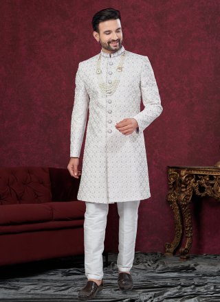 Grey and Off White Jacquard Sherwani Mens Wear