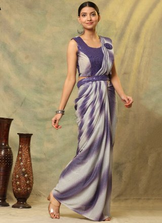 Grey and Purple Imported Embroidered and Sequins Work Contemporary Saree