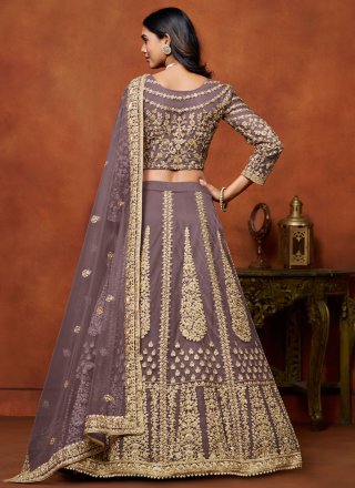 Grey and Purple Net Embroidered and Zari Work Lehenga Choli for Women