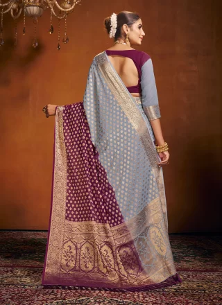 Grey and Purple Pure Georgette Contemporary Saree with Weaving Work