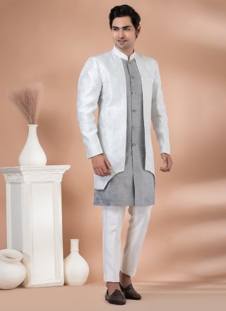 Grey and Silver Dupion Silk Plain Work Indo Western for Men