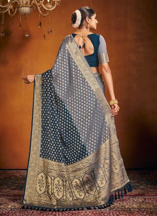 Grey and Teal Pure Georgette Classic Saree with Weaving Work for Ceremonial