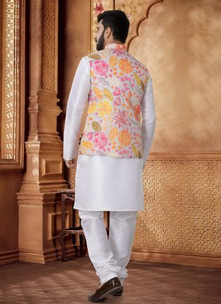Grey and White Cotton Kurta Payjama with Jacket