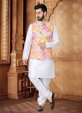 Grey and White Cotton Kurta Payjama with Jacket