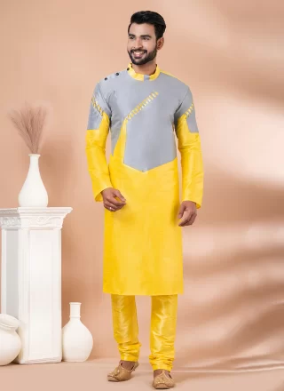 Grey and Yellow Banarasi Silk Kurta Pyjama with Fancy Work