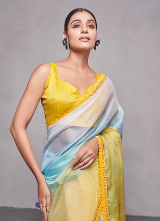 Grey and Yellow Organza Classic Saree with Print Work for Women