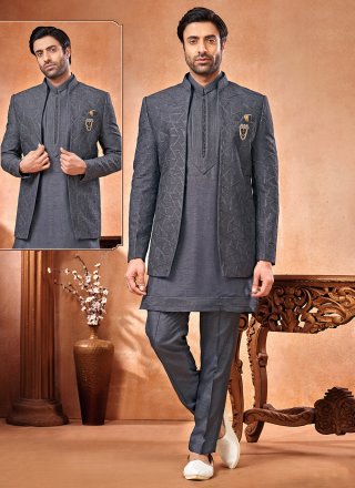 Grey Art Banarasi Silk Jodhpuri Suit
