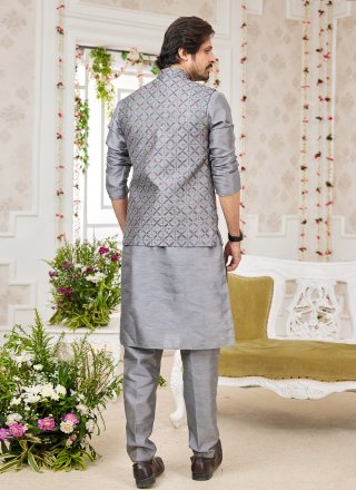 Grey Art Banarasi Silk Machine Embroidery Work Kurta Payjama with Jacket for Men