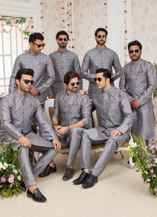 Grey Art Banarasi Silk Machine Embroidery Work Kurta Payjama with Jacket for Men