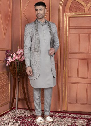 Grey Art Silk Indo Western with Machine Embroidery and Thread Work for Men