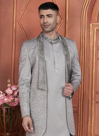 Grey Art Silk Indo Western with Machine Embroidery and Thread Work for Men