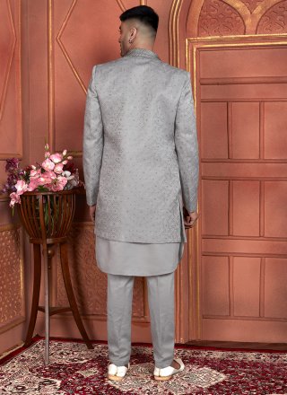Grey Art Silk Indo Western with Machine Embroidery and Thread Work for Men