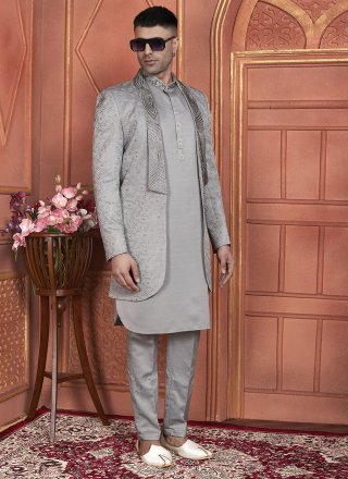 Grey Art Silk Indo Western with Machine Embroidery and Thread Work for Men