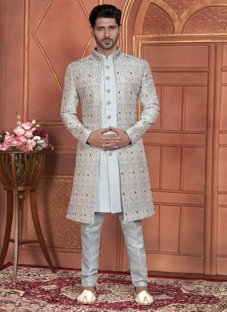 Grey Art Silk Indo Western with Machine Embroidery and Thread Work for Men