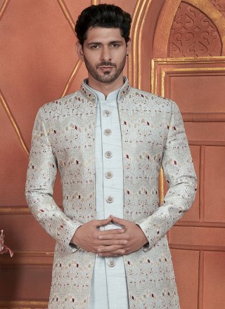 Grey Art Silk Indo Western with Machine Embroidery and Thread Work for Men