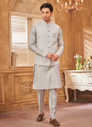 Grey Art Silk Kurta Payjama with Jacket