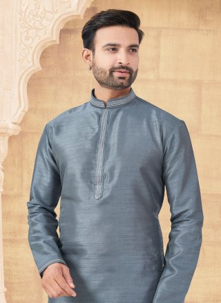 Grey Art Silk Kurta Pyjama with Thread Work for Men