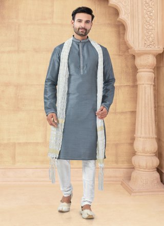 Grey Art Silk Kurta Pyjama with Thread Work for Men
