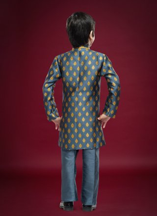 Grey Banarasi Jacquard Fancy Work Sherwani Kids Wear for Ceremonial