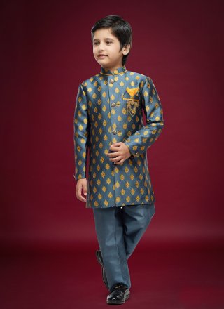 Grey Banarasi Jacquard Fancy Work Sherwani Kids Wear for Ceremonial