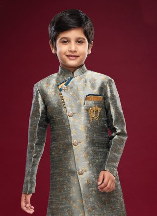 Grey Banarasi Jacquard Fancy Work Sherwani Kids Wear for Kid