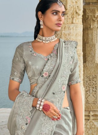 Grey Banarasi Silk Classic Saree