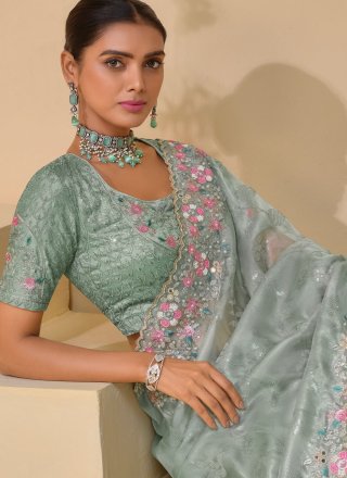 Grey Banarasi Silk Designer Sari with Cut, Embroidered and Mirror Work
