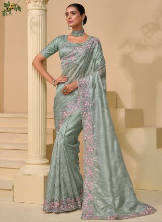 Grey Banarasi Silk Designer Sari with Cut, Embroidered and Mirror Work