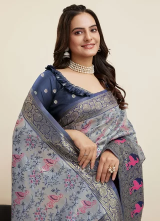 Grey Banarasi Silk Designer with Weaving Work