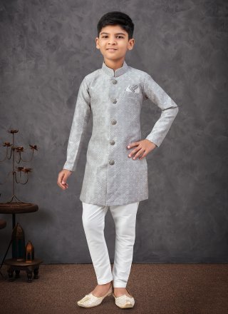 Grey Banarasi Silk Indo Western Sherwani with Buttons and Thread Work for Kid