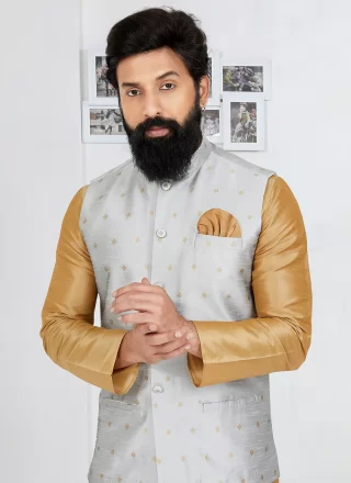Grey Banarasi Silk Nehru Jackets with Print Work