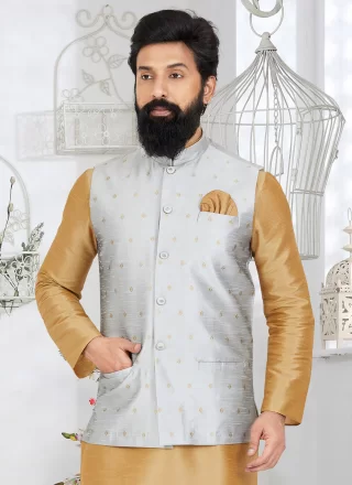 Grey Banarasi Silk Nehru Jackets with Print Work