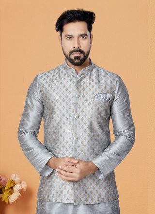 Grey Banarasi Silk Nehru Jackets with Print Work for Men