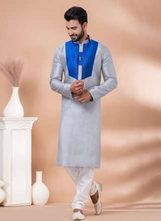 Grey Banarasi Silk Plain Work Kurta Pyjama for Men
