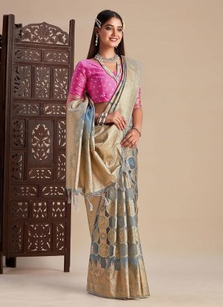 Grey Banarasi Silk Trendy Saree with Woven Work