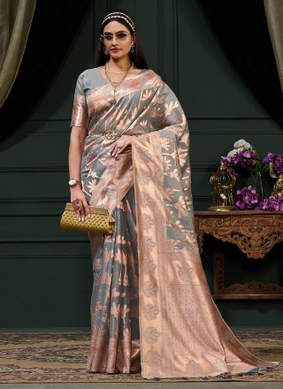 Grey Banarasi Silk Weaving Work Trendy Saree for Party