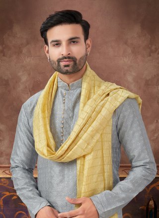 Grey Banglori Silk Kurta Pyjama with Machine Embroidery and Sequins Work