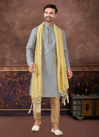 Grey Banglori Silk Kurta Pyjama with Machine Embroidery and Sequins Work